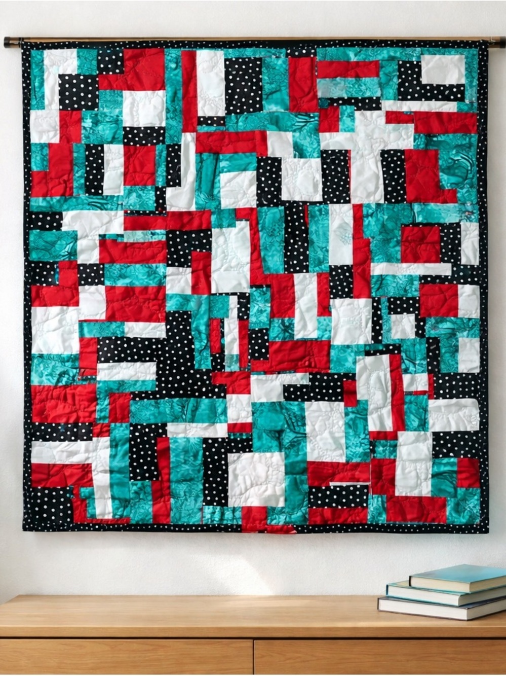 Handmade Geometric Patchwork Quilt - Red, Teal, White, Black Polka Dot 38”x38”